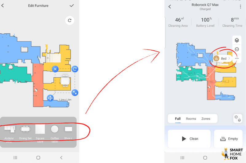 Individual pieces of furniture are placed in the home map, with the possibility of cleaning around these pieces of furniture by selection.
